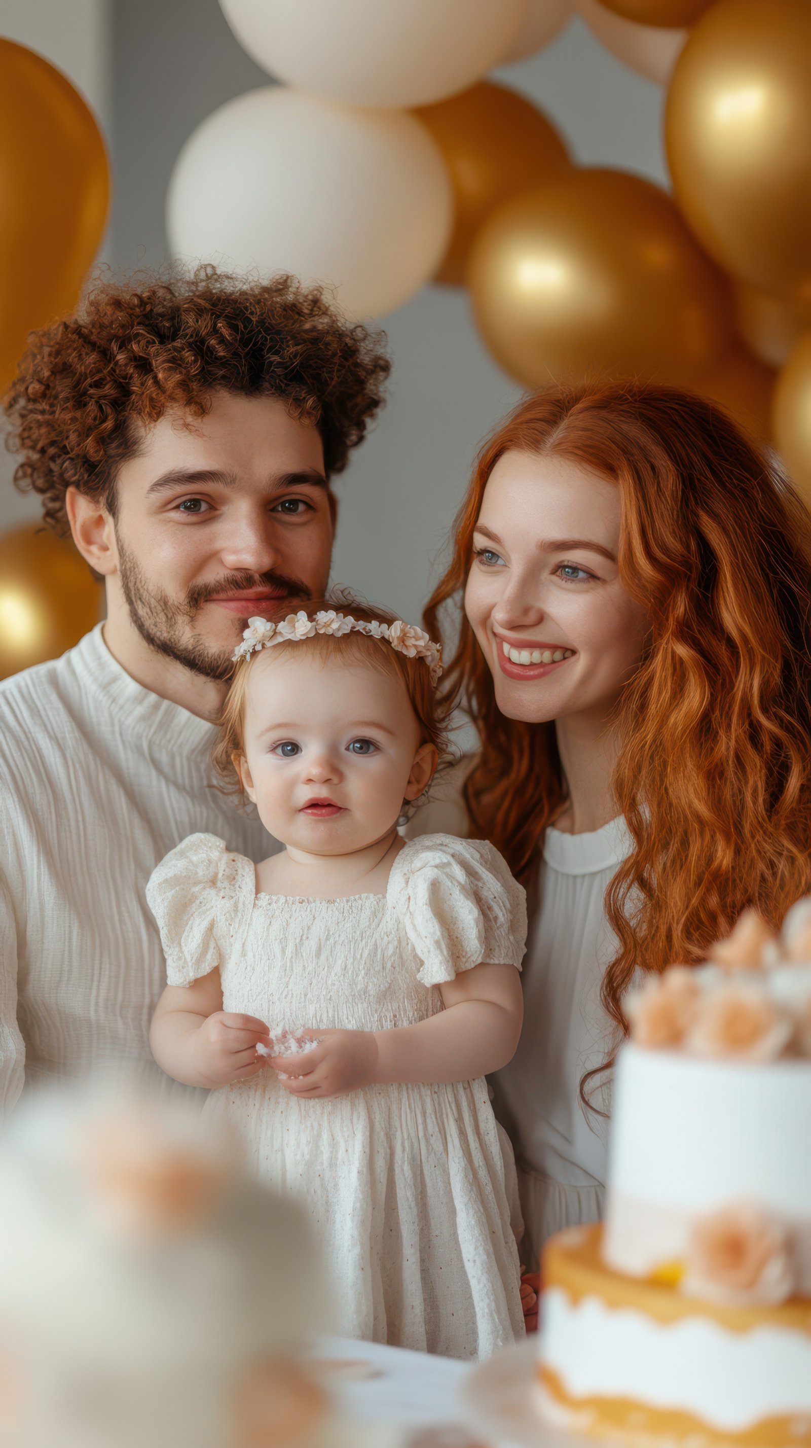Family celebrates child's birthday with joyful expressions in a festive atmosphere adorned with balloons